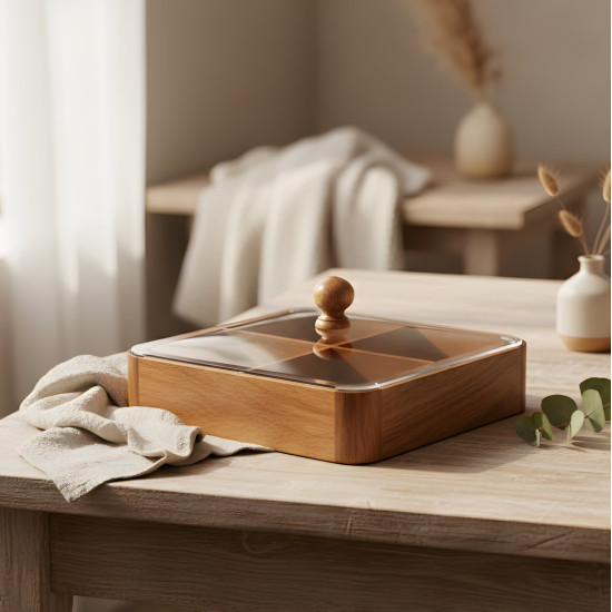 Wooden Four-Section Serving Platter with Acrylic Lid Large